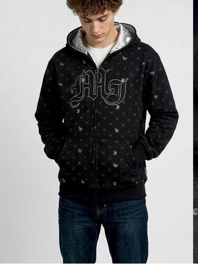 Vintage Mecca Jeans Co. Y2K Black All-Over Print Zip-Up Hoodie - Youth 18/20